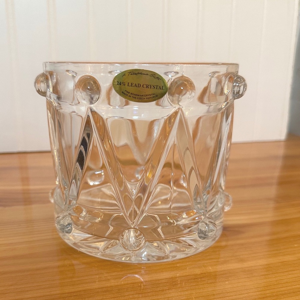 Teleflora Bohemian Lead Crystal Drum Bowl Clear Exc Czech Republic 5in Xmas Vntg